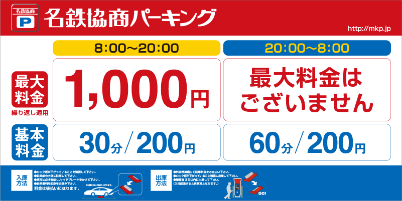例：8:00-20:00は1,000円、20：00-8：00は最大料金なし